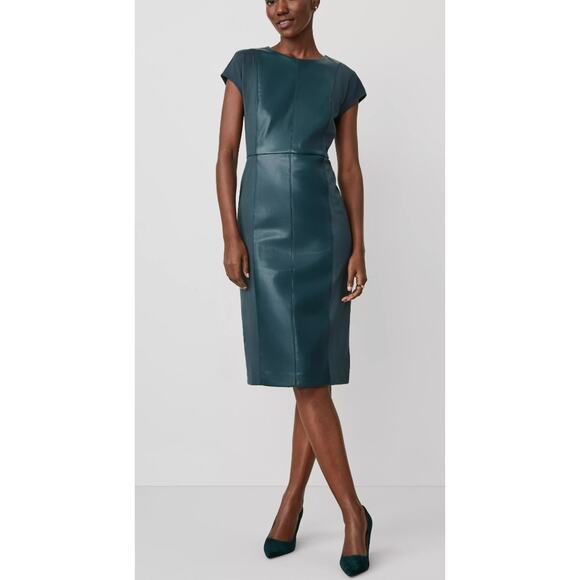 NWOT Ann Taylor Green Mixed Media Sheath Dress Vegan Leather 4 - Picture 1 of 5